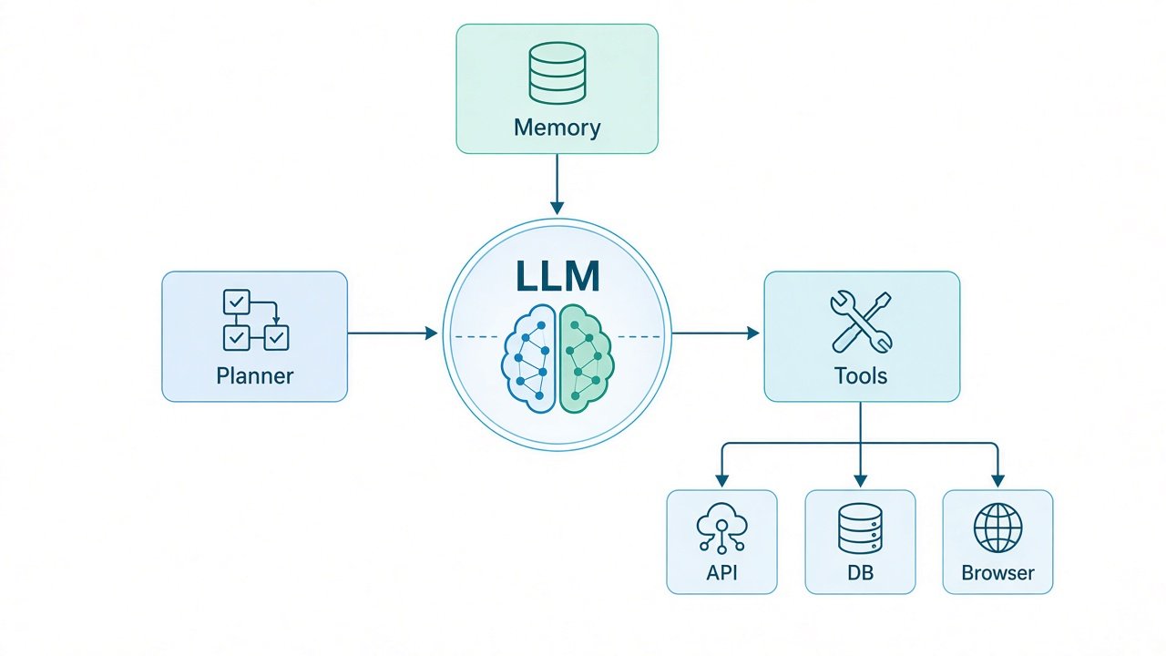 What Is an AI Agent? A Developer's Guide to Agentic AI 3 Architecture diagram of an AI agent with LLM brain, memory, planner, and tools connected to APIs and databases