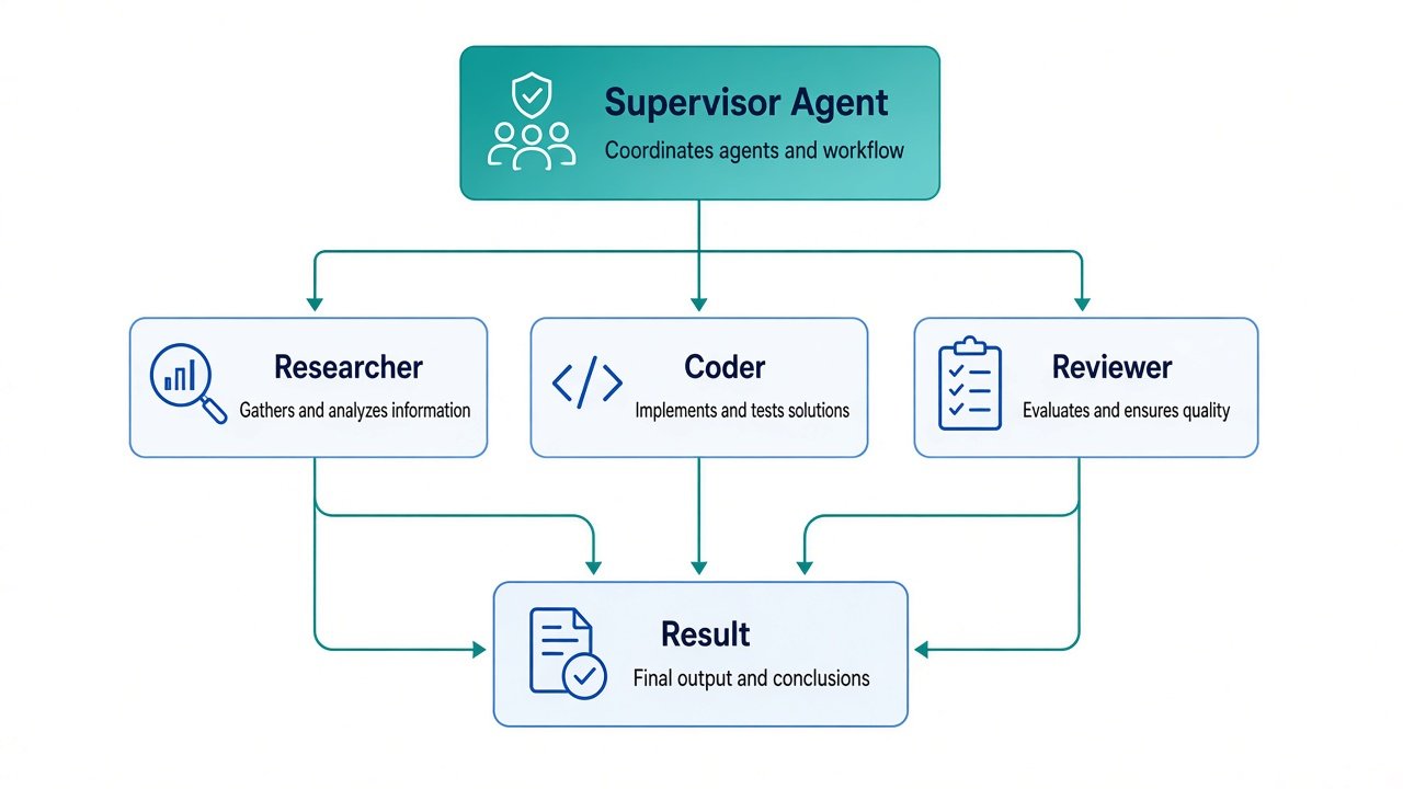 What Is an AI Agent? A Developer's Guide to Agentic AI 5 Diagram of a supervisor agent coordinating researcher, coder, and reviewer specialist agents